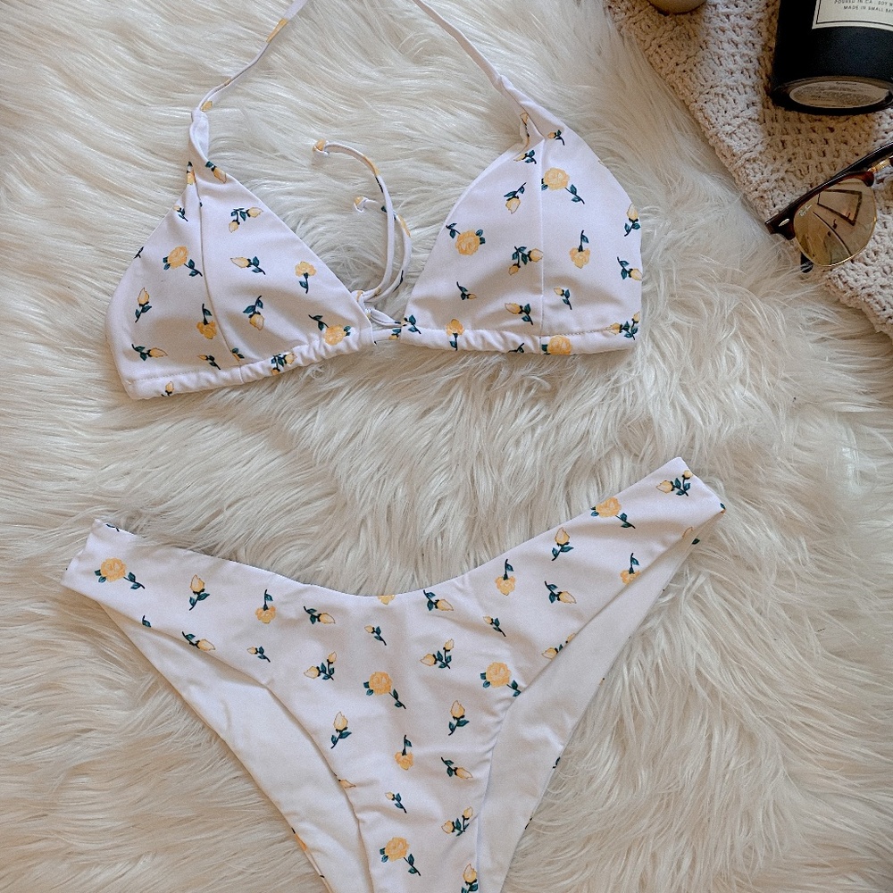 White Triangle Bikini With Yellow Roses Set